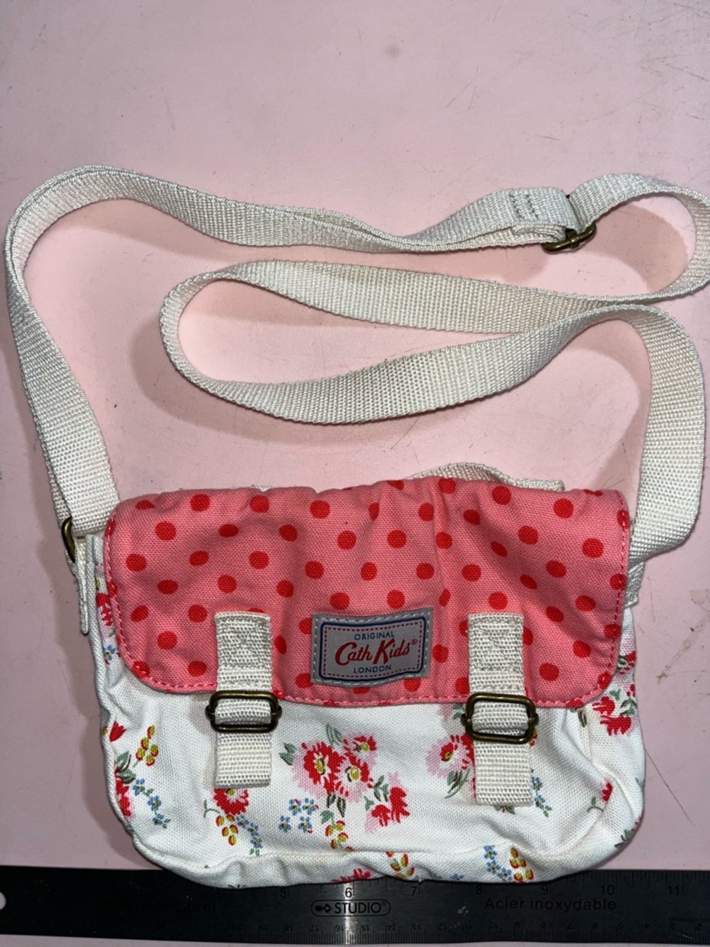 Cath Kidston Pink Polka Dot & White Floral Crossbody Bag with Cream Strap
